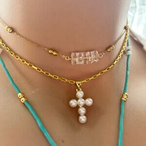 Adjustable choker gold plated clear quartz gem stone necklace boho beach jewelry